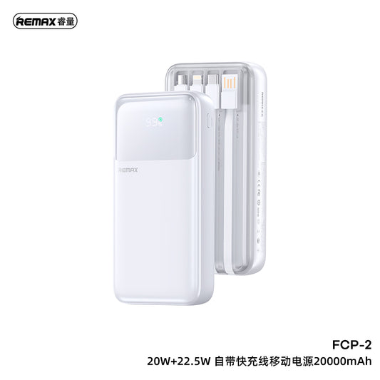 REMAX FCP-2 20000mAh Power Bank - 4 Built-in Cables, 22.5W Super Fast Charging, 20W PD, LED Display