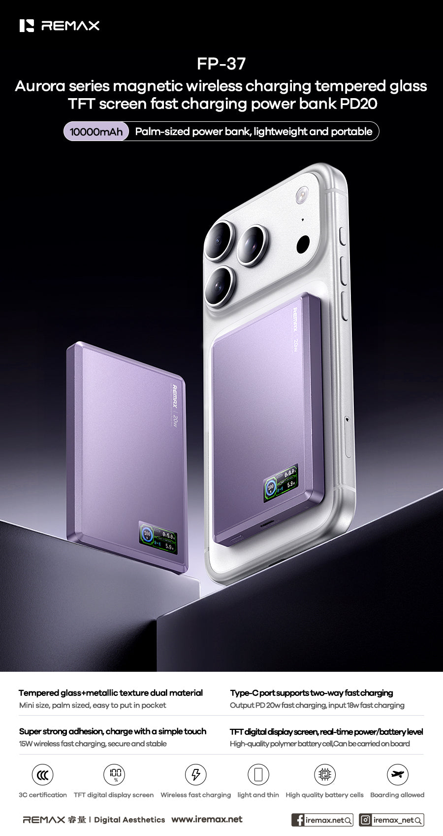 REMAX Aurora FP-37 Magnetic Wireless Power Bank - 10000mAh, 20W PD Fast Charging, 15W Wireless, TFT Display