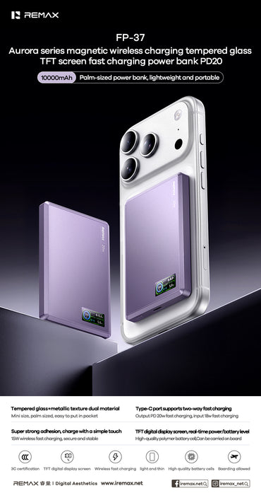 REMAX Aurora FP-37 Magnetic Wireless Power Bank - 10000mAh, 20W PD Fast Charging, 15W Wireless, TFT Display