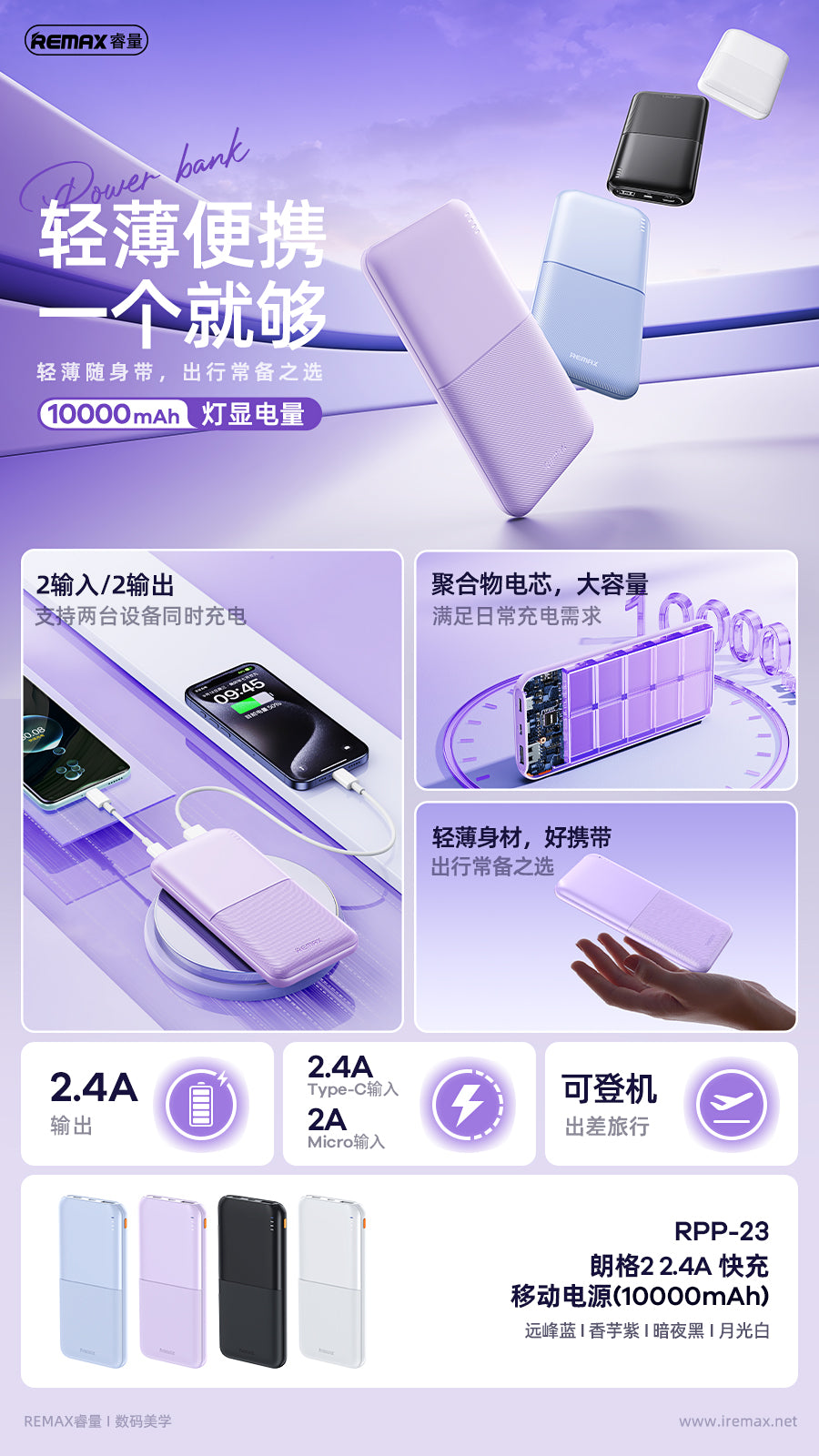 REMAX Lango II RPP-23 10000mAh Power Bank - 2.4A Fast Charging, Ultra-Slim