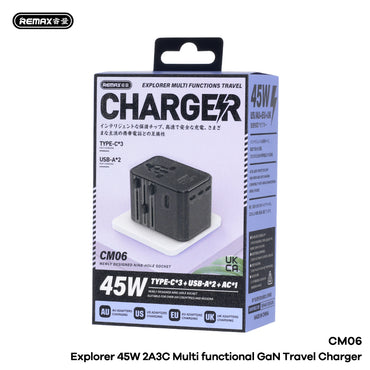 REMAX Explorer CM06 45W GaN Travel Charger - 2A+3C + AC Outlet, 6-in-1 Multi-Country Plug, Universal Travel Adapter