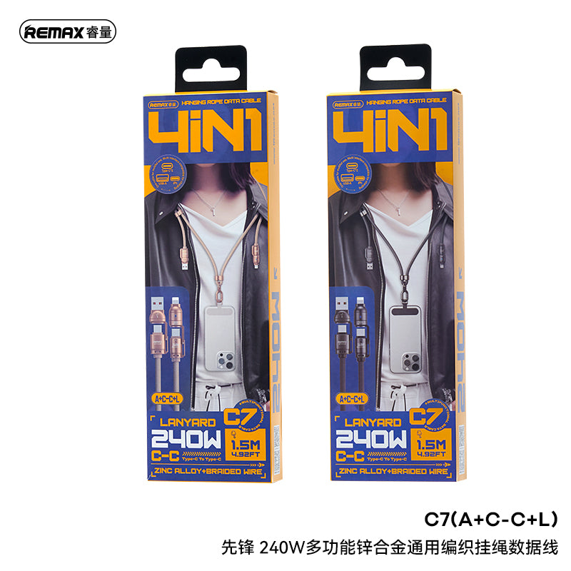 REMAX Vanguard C7 240W Multifunctional Cable - 4-in-1 with Interchangeable Adapters, Zinc Alloy, 1.5M Braided