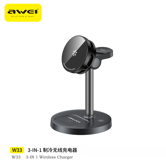 Awei W33 3-in-1 Magnetic Wireless Charging Stand - 15W Fast Charge with Dual Cooling for iPhone, Watch, AirPods