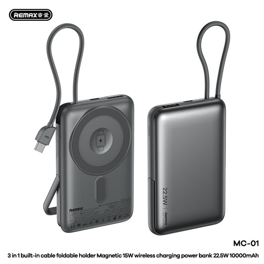 REMAX MC-01 3-in-1 Magnetic Power Bank - 10000mAh, 22.5W Fast Charging, 15W Wireless, Built-in Cable & Stand