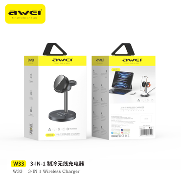 Awei W33 3-in-1 Magnetic Wireless Charging Stand - 15W Fast Charge with Dual Cooling for iPhone, Watch, AirPods