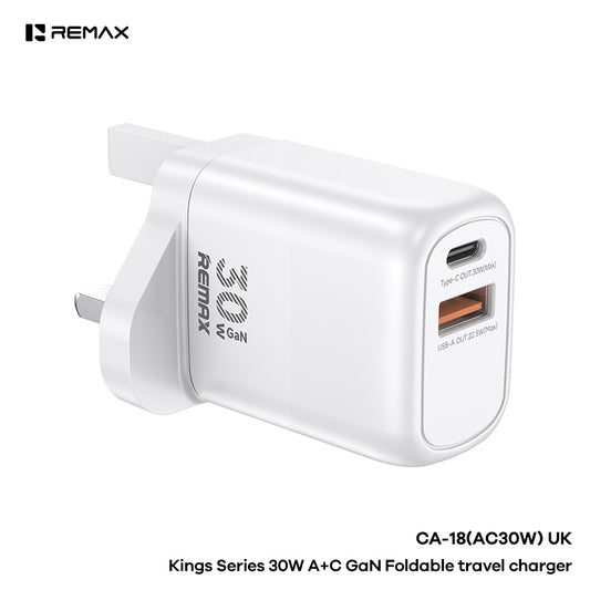REMAX Kings CA-18 30W GaN Travel Charger - 2-Port (USB-A + Type-C), Multi-Protocol Fast Charging