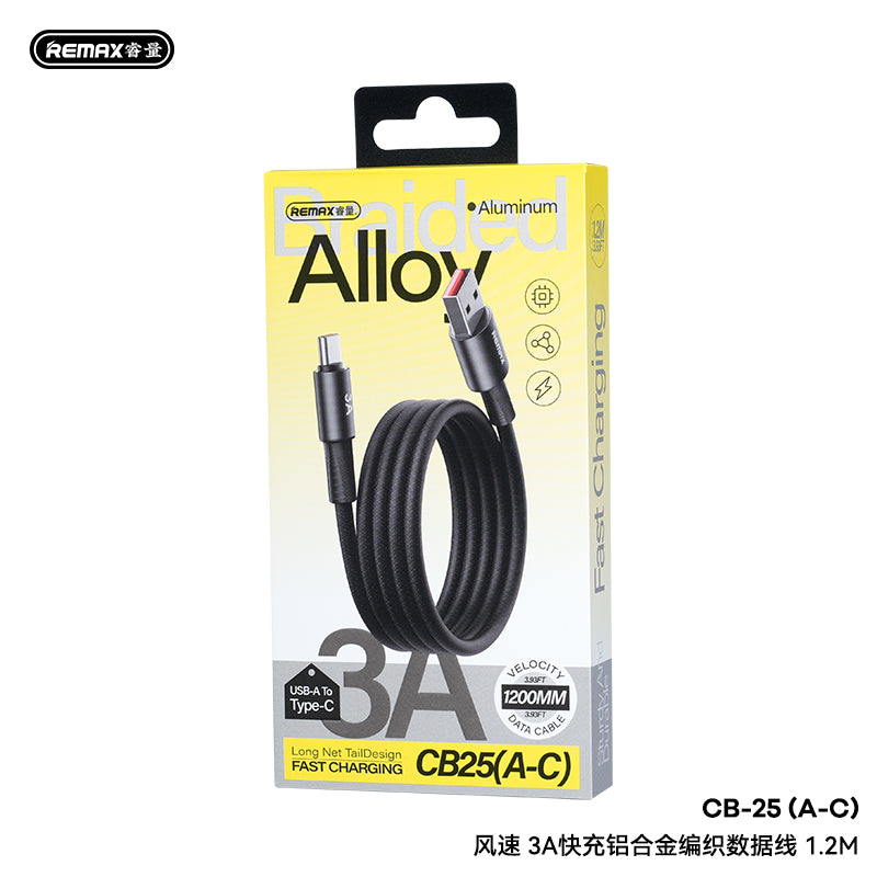 REMAX C13 Velocity Braided Cable - USB-A to Type-C, 3A Fast Charging, Aluminum Alloy, 1.2M