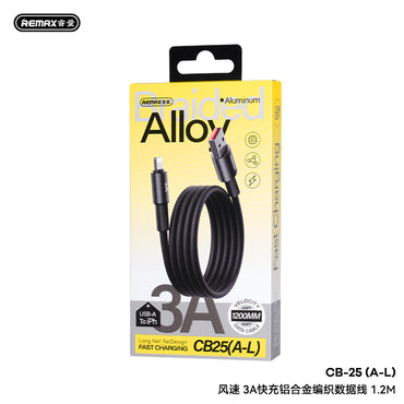 REMAX C12 Velocity Braided Cable - USB-A to Lightning, 3A Fast Charging, Aluminum Alloy, 1.2M