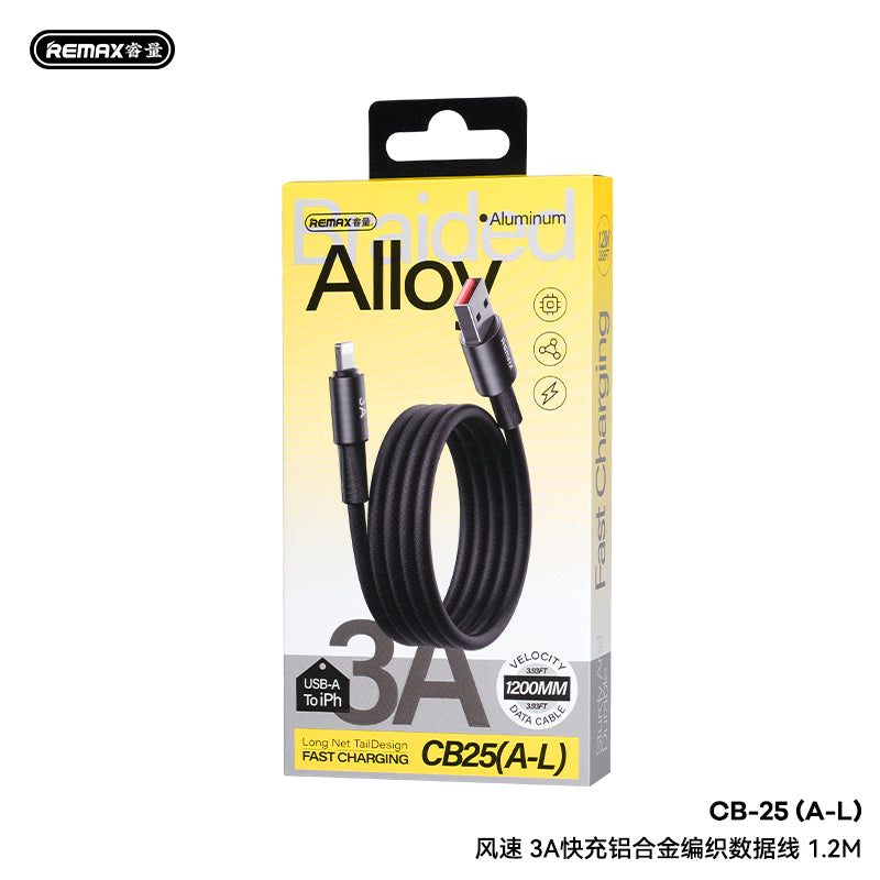 REMAX C12 Velocity Braided Cable - USB-A to Lightning, 3A Fast Charging, Aluminum Alloy, 1.2M