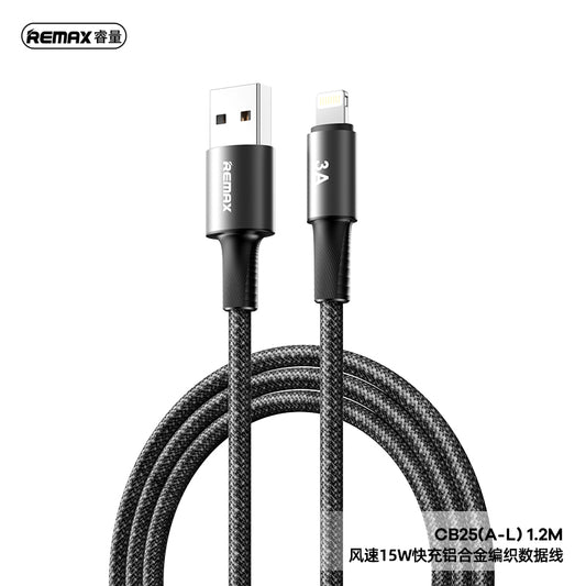 REMAX C12 Velocity Braided Cable - USB-A to Lightning, 3A Fast Charging, Aluminum Alloy, 1.2M