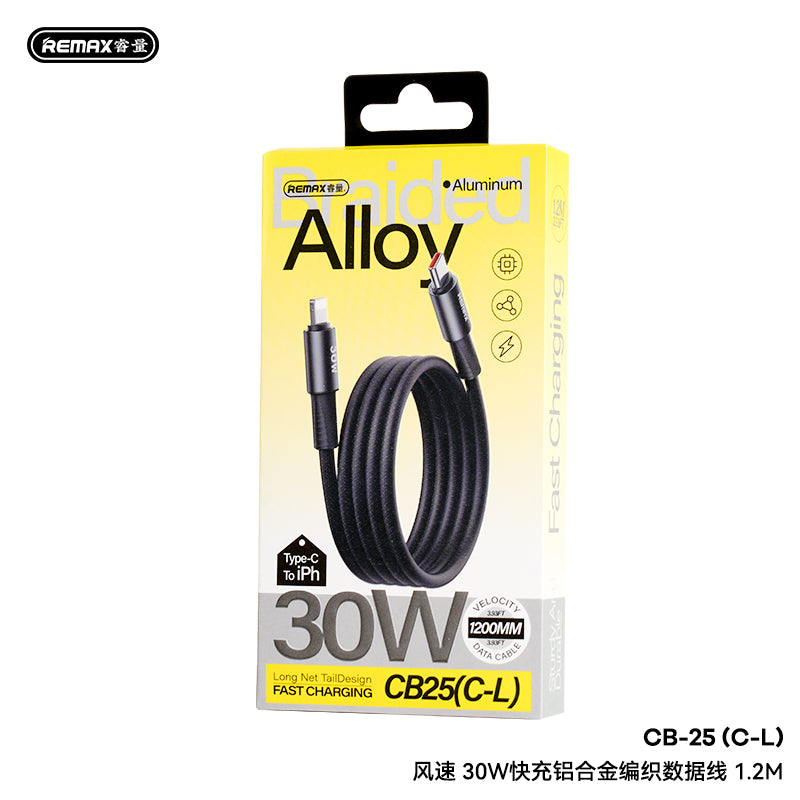 REMAX C15 Velocity Braided Cable - Type-C to Lightning, 30W PD Fast Charging, Aluminum Alloy, 1.2M