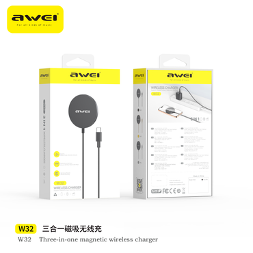Awei W32 3-in-1 Wireless Charger Station - 15W Fast Charging for iPhone, Apple Watch, AirPods