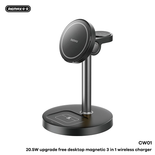 REMAX CW01 3-in-1 Magnetic Wireless Charger - 15W Fast Charging for iPhone, Apple Watch, AirPods - Desktop Stand