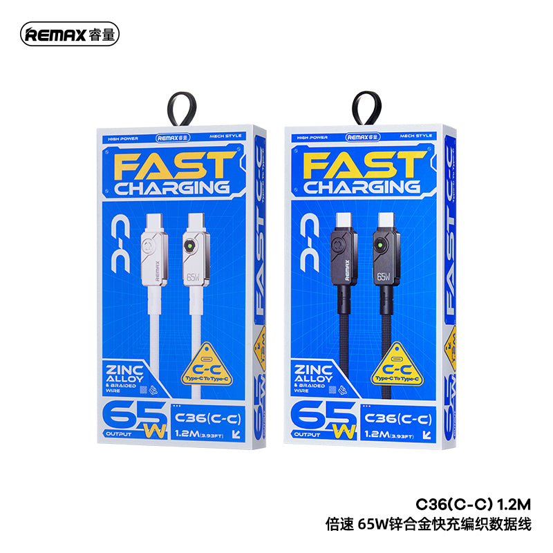 REMAX Swift C36 Braided Cable - Type-C to Type-C, 65W PD Fast Charging, Zinc Alloy, 1.2M (Black/White)