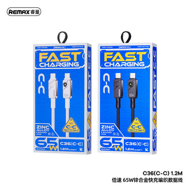 REMAX Swift C36 Braided Cable - Type-C to Type-C, 65W PD Fast Charging, Zinc Alloy, 1.2M (Black/White)