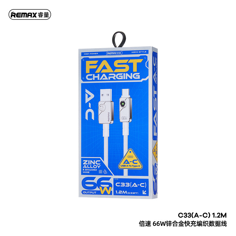 REMAX Swift C33 Braided Cable - USB-A to Type-C, 66W Fast Charging, Zinc Alloy, 1.2M
