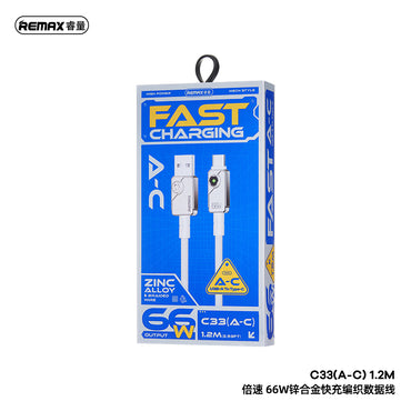 REMAX Swift C33 Braided Cable - USB-A to Type-C, 66W Fast Charging, Zinc Alloy, 1.2M