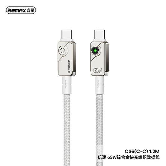 REMAX Swift C36 Braided Cable - Type-C to Type-C, 65W PD Fast Charging, Zinc Alloy, 1.2M (Black/White)