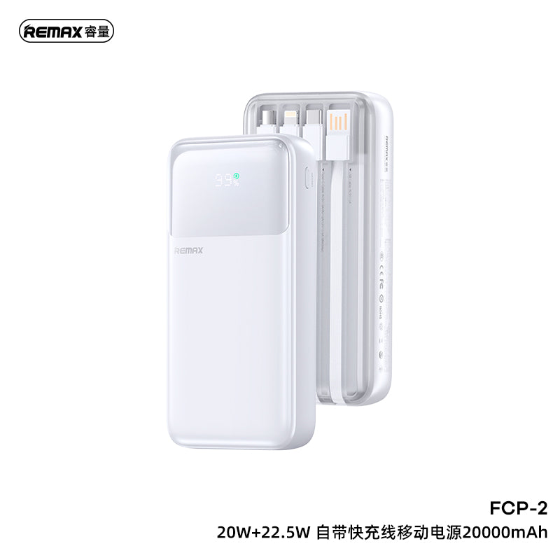 REMAX FCP-2 20000mAh Power Bank - 4 Built-in Cables, 22.5W Super Fast Charging, 20W PD, LED Display