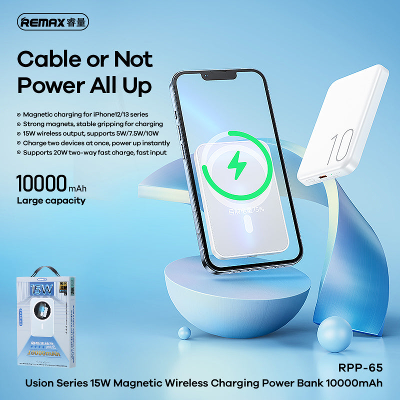REMAX RPP-65 Usion Series Magnetic Power Bank - 10000mAh, 20W PD Fast Charging, 15W Wireless, Ultra-Slim
