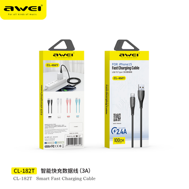 Awei CL-182T USB-A to Type-C Cable 100cm - 3A Fast Charging Compatible with iPhone 15