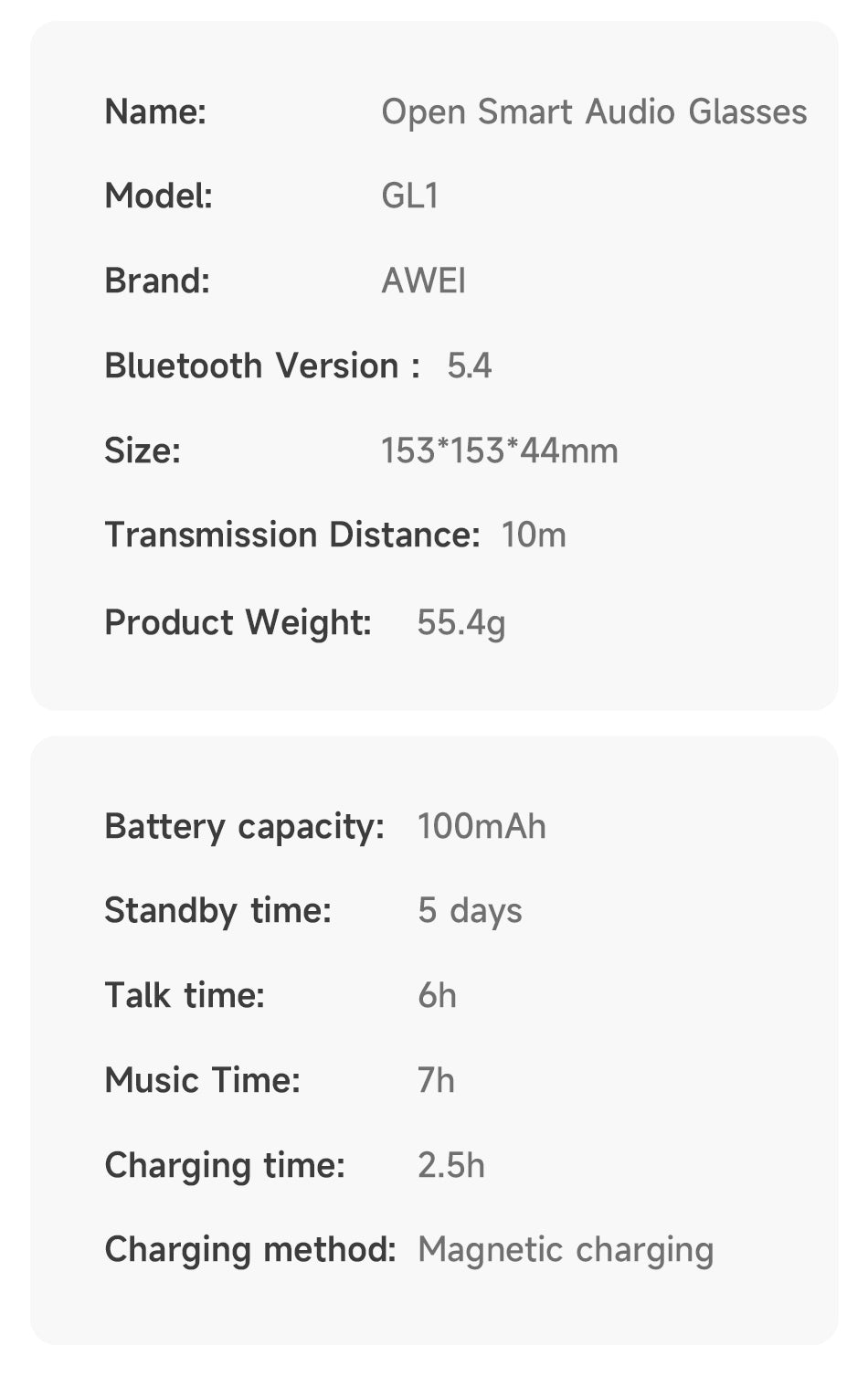 Awei GL1 Smart Audio Glasses - HD Calls, Wearing Detection, Voice Control, 7H Battery, UV400 Protection