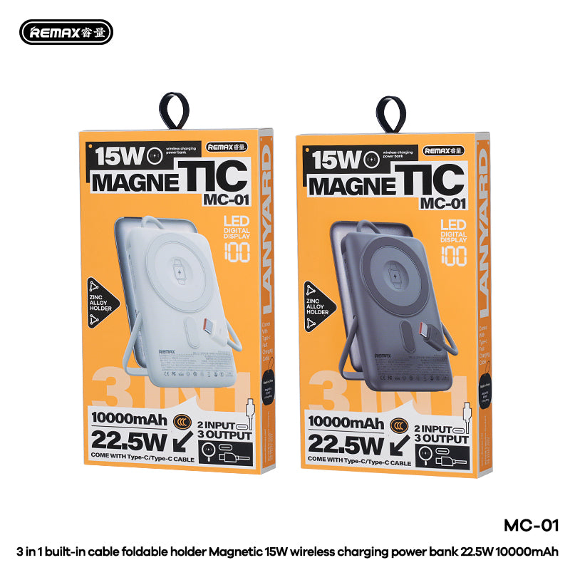 REMAX MC-01 3-in-1 Magnetic Power Bank - 10000mAh, 22.5W Fast Charging, 15W Wireless, Built-in Cable & Stand