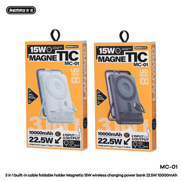 REMAX MC-01 3-in-1 Magnetic Power Bank - 10000mAh, 22.5W Fast Charging, 15W Wireless, Built-in Cable & Stand