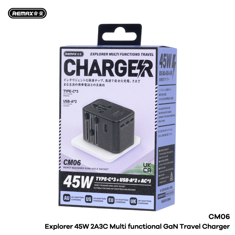 REMAX Explorer CM06 45W GaN Travel Charger - 2A+3C + AC Outlet, 6-in-1 Multi-Country Plug, Universal Travel Adapter