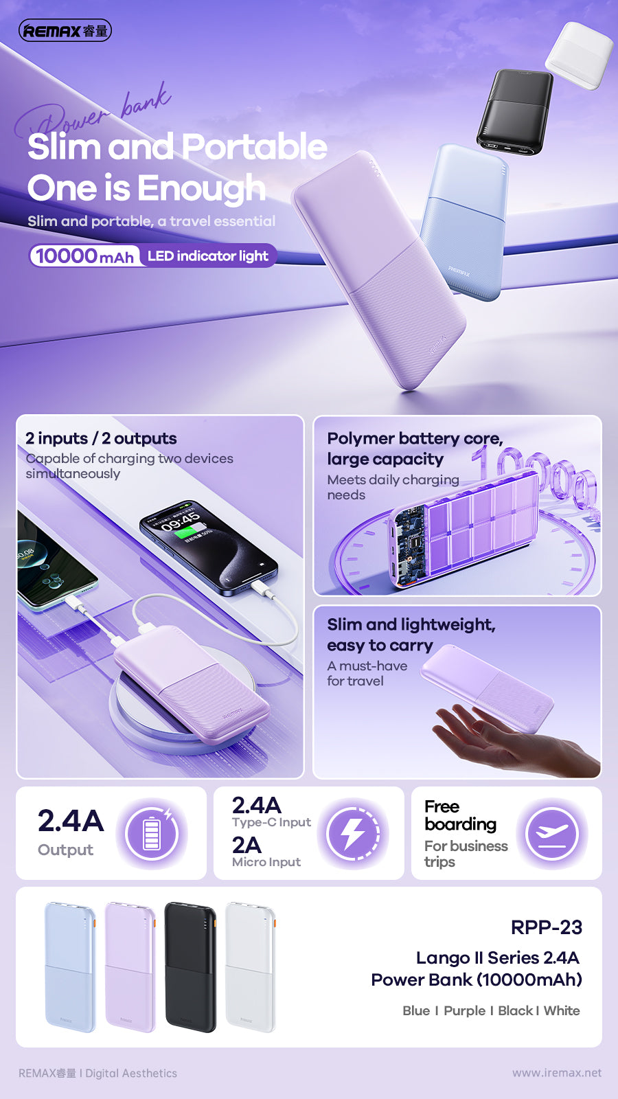 REMAX Lango II RPP-23 10000mAh Power Bank - 2.4A Fast Charging, Ultra-Slim