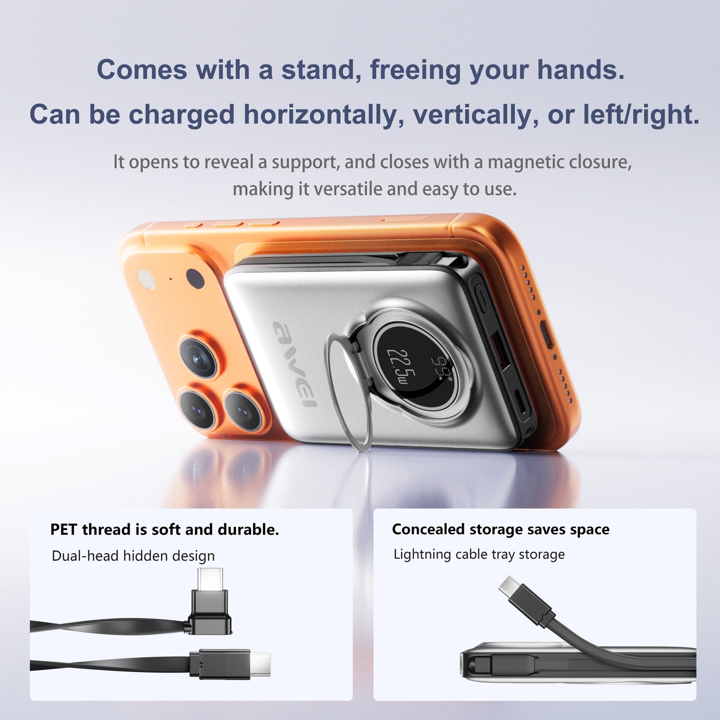 Awei H45A 3-in-1 Power Bank Station - 10000mAh, 22.5W Fast Charge, 10W Wireless, Built-in Stand & Cable