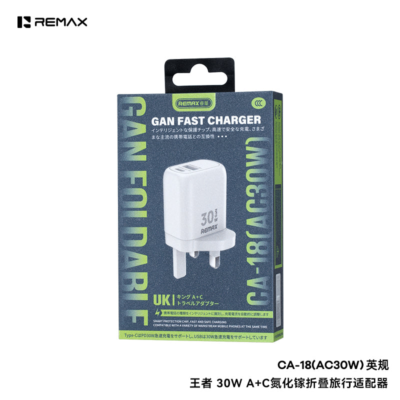 REMAX Kings CA-18 30W GaN Travel Charger - 2-Port (USB-A + Type-C), Multi-Protocol Fast Charging