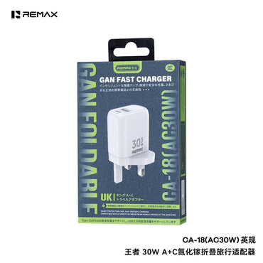 REMAX Kings CA-18 30W GaN Travel Charger - 2-Port (USB-A + Type-C), Multi-Protocol Fast Charging