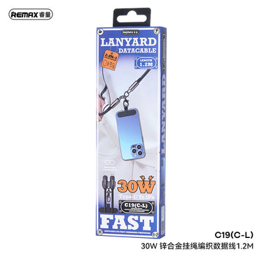 REMAX C19 30W PD Fast Charging Cable - Type-C to Lightning, Zinc Alloy, Lanyard Design, Braided, 1.2M