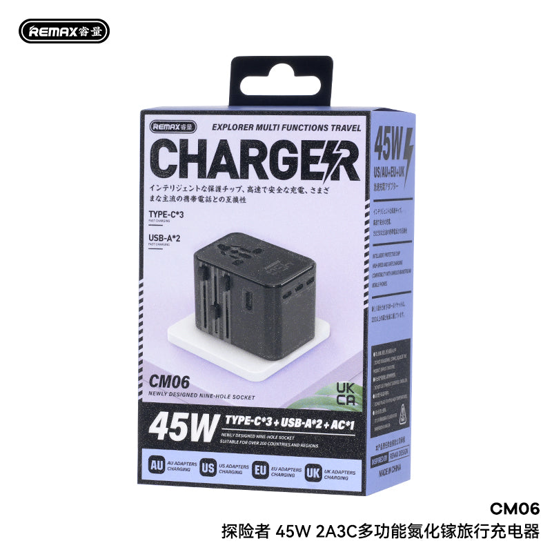 REMAX Explorer CM06 45W GaN Travel Charger - 2A+3C + AC Outlet, 6-in-1 Multi-Country Plug, Universal Travel Adapter