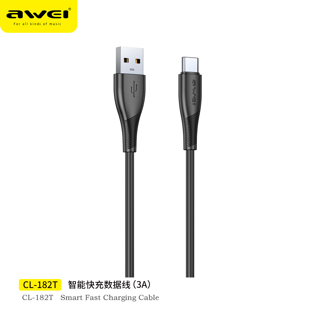 Awei CL-182T USB-A to Type-C Cable 100cm - 3A Fast Charging Compatible with iPhone 15