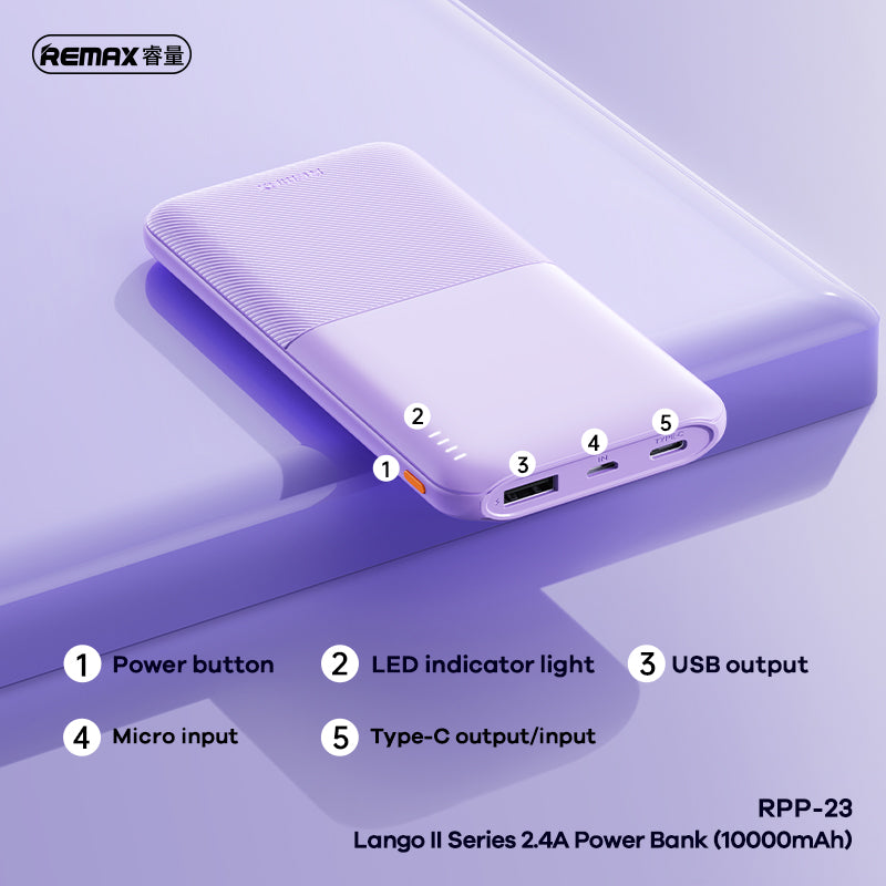 REMAX Lango II RPP-23 10000mAh Power Bank - 2.4A Fast Charging, Ultra-Slim