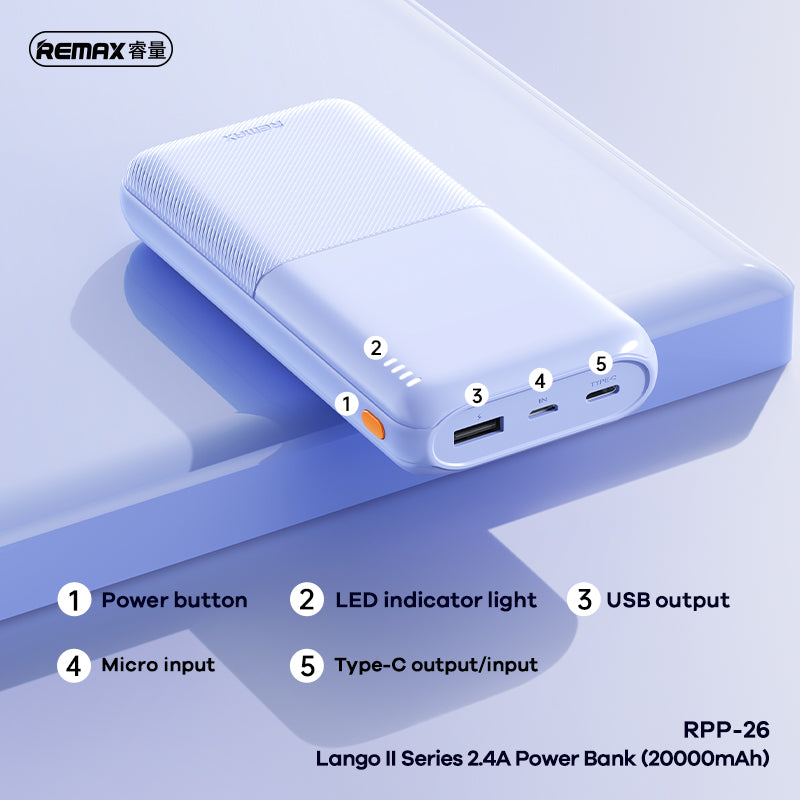 REMAX Lango II RPP-26 20000mAh Power Bank - 2.4A Fast Charging, Dual Input/Output, Long-Lasting Power