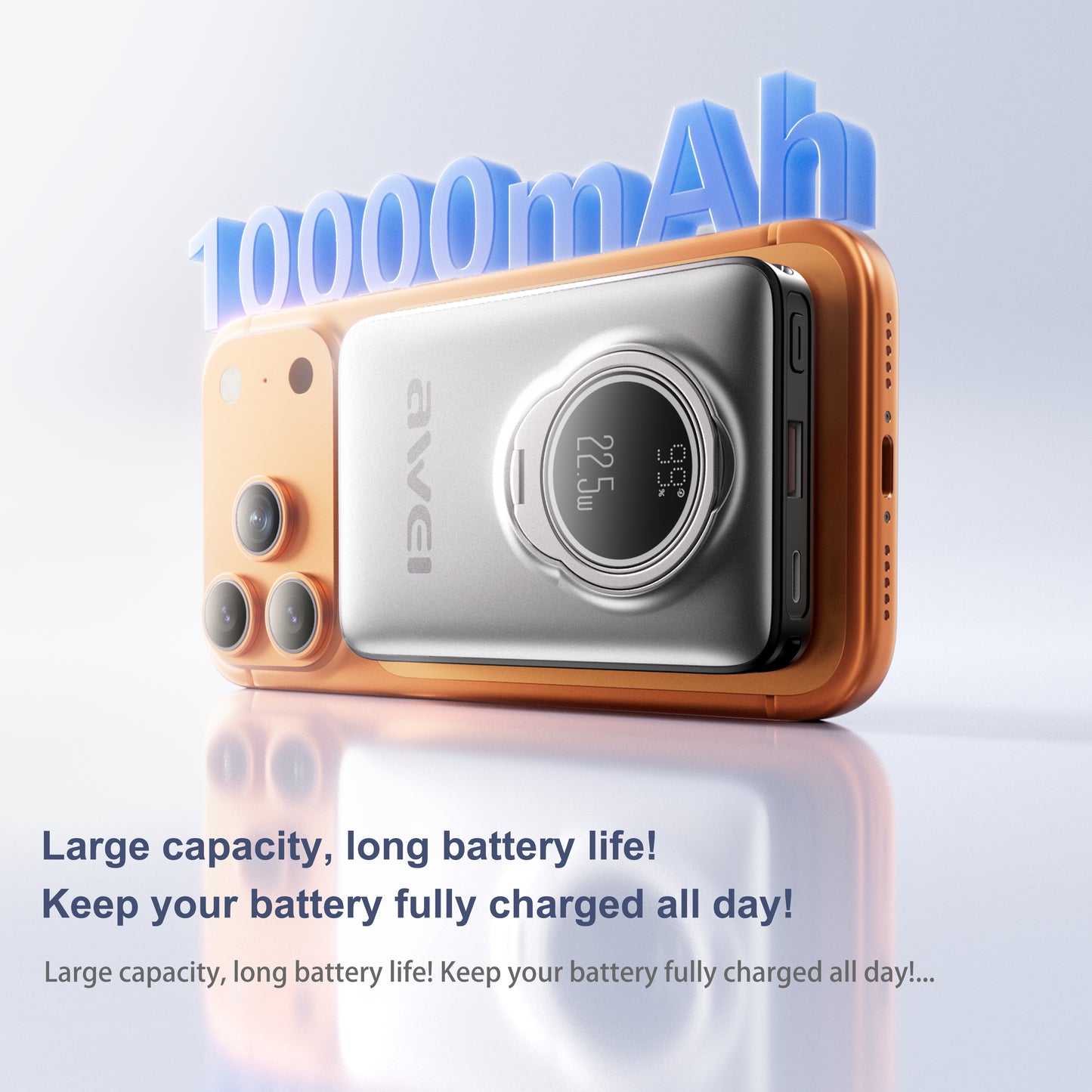 Awei H45A 3-in-1 Power Bank Station - 10000mAh, 22.5W Fast Charge, 10W Wireless, Built-in Stand & Cable