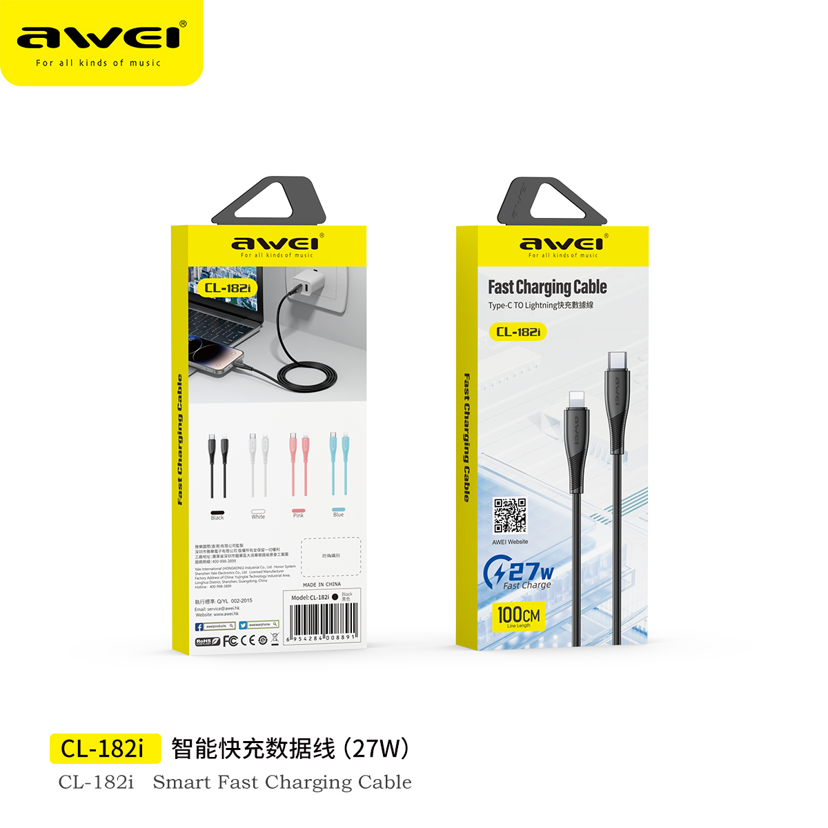 Awei CL-182i Type-C to Lightning Cable 1m - 27W Fast Charging & Data Sync for iPhone