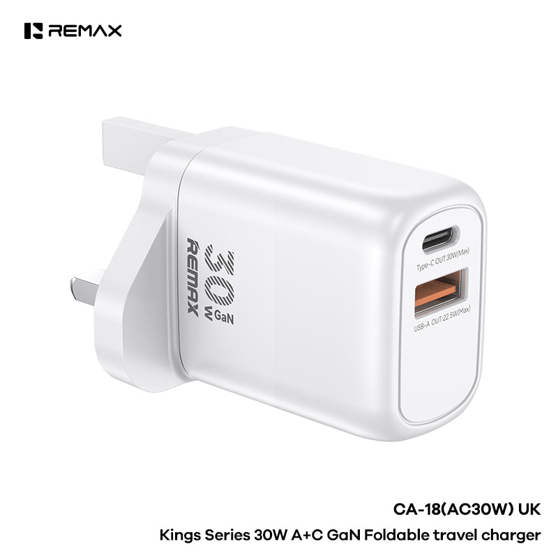 REMAX Kings CA-18 30W GaN Travel Charger - 2-Port (USB-A + Type-C), Multi-Protocol Fast Charging