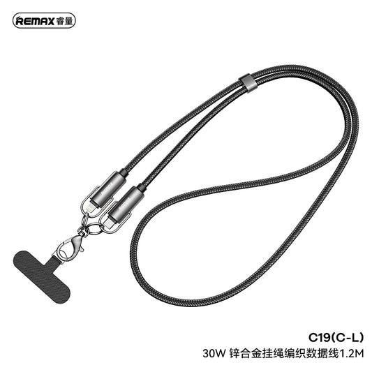 REMAX C19 30W PD Fast Charging Cable - Type-C to Lightning, Zinc Alloy, Lanyard Design, Braided, 1.2M