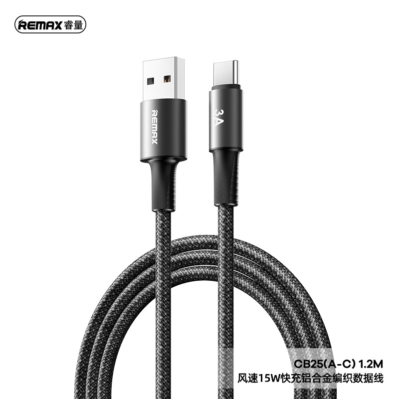 REMAX C13 Velocity Braided Cable - USB-A to Type-C, 3A Fast Charging, Aluminum Alloy, 1.2M