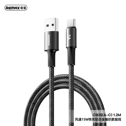 REMAX C13 Velocity Braided Cable - USB-A to Type-C, 3A Fast Charging, Aluminum Alloy, 1.2M