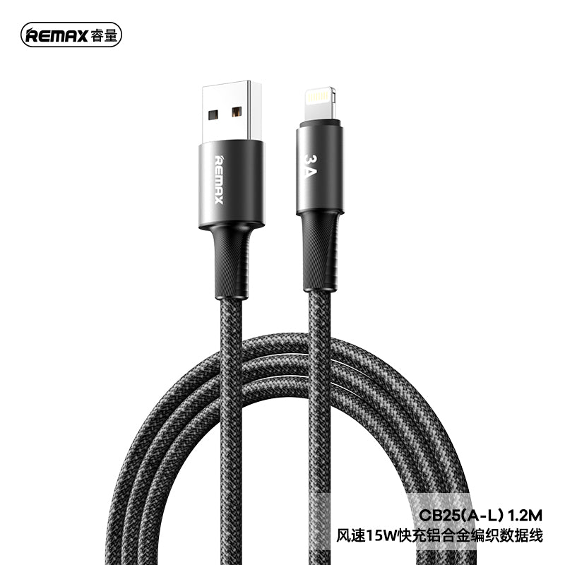 REMAX C12 Velocity Braided Cable - USB-A to Lightning, 3A Fast Charging, Aluminum Alloy, 1.2M