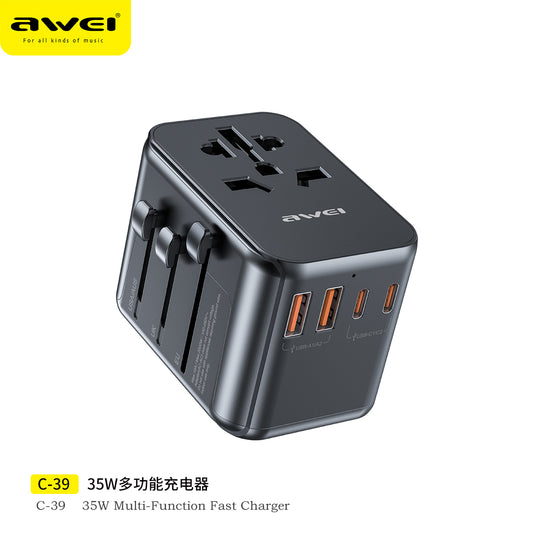 Awei C-39 Multifunction Travel Adapter with 35W Fast Charging - Universal Global Plug, 4 Ports