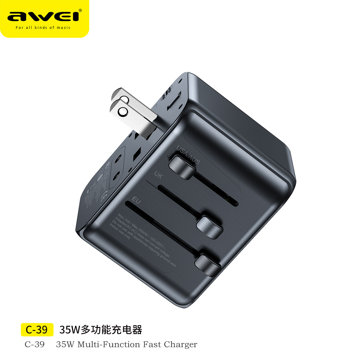 Awei C-39 Multifunction Travel Adapter with 35W Fast Charging - Universal Global Plug, 4 Ports