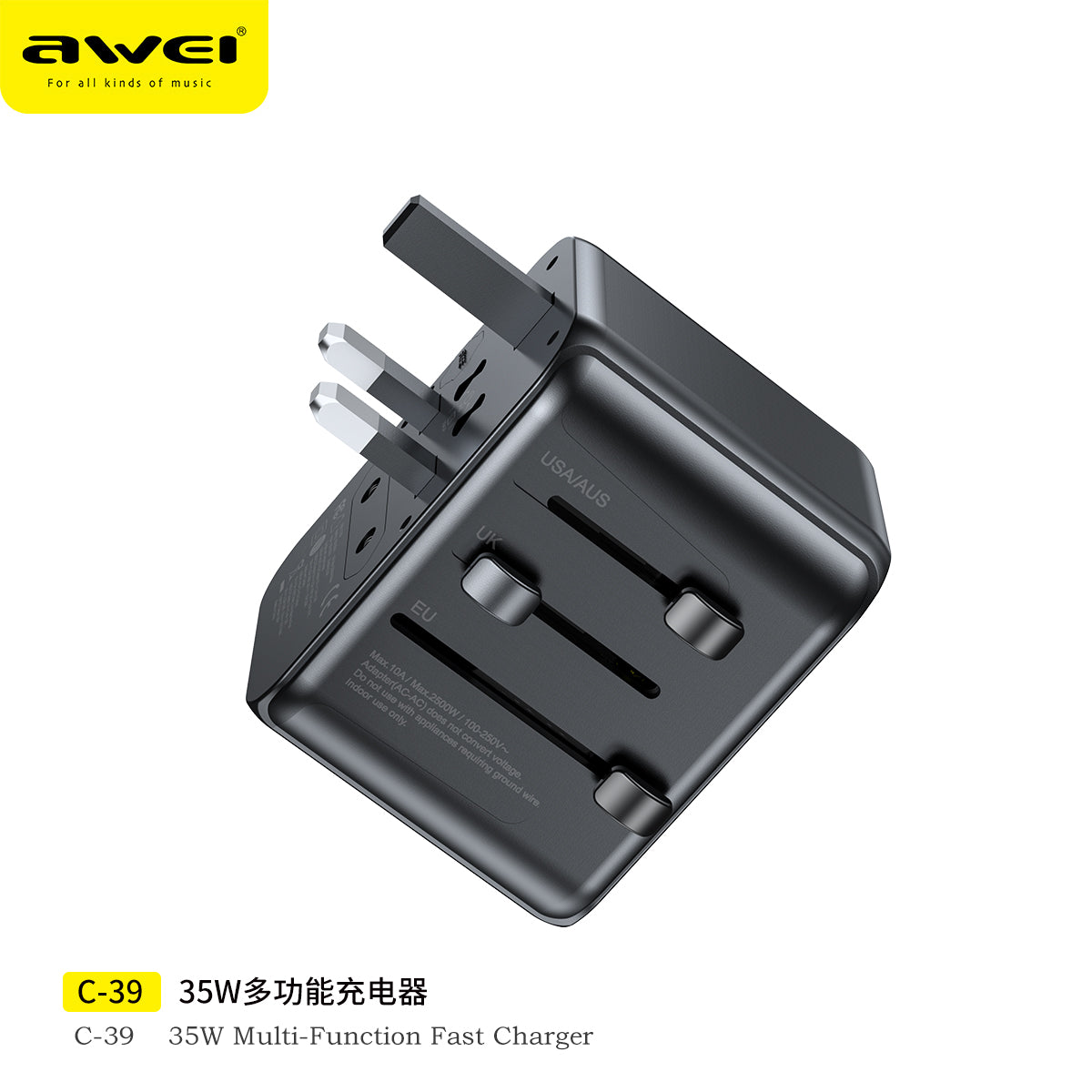 Awei C-39 Multifunction Travel Adapter with 35W Fast Charging - Universal Global Plug, 4 Ports