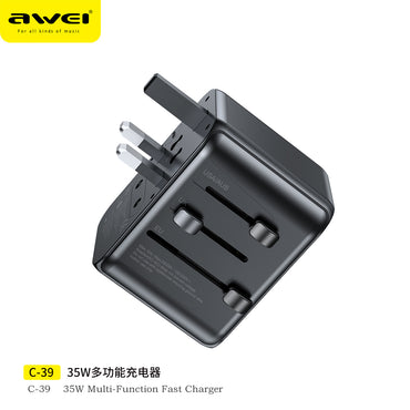 Awei C-39 Multifunction Travel Adapter with 35W Fast Charging - Universal Global Plug, 4 Ports