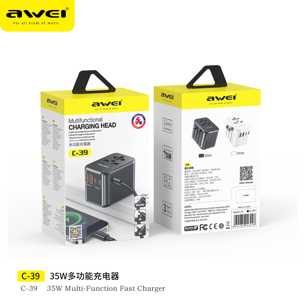 Awei C-39 Multifunction Travel Adapter with 35W Fast Charging - Universal Global Plug, 4 Ports